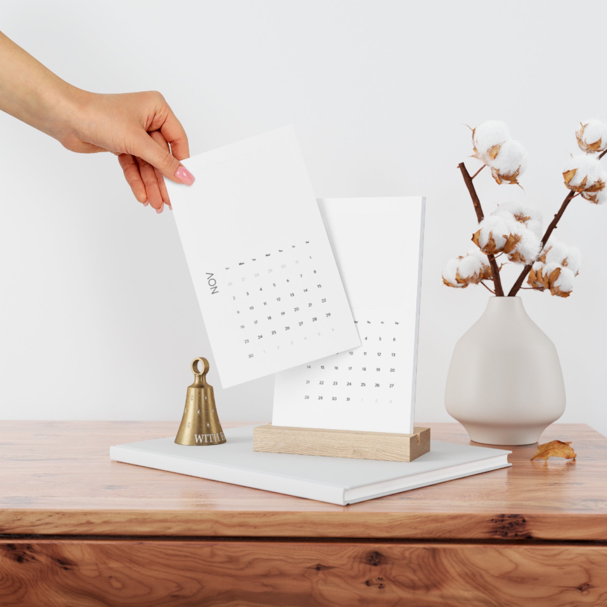 Vertical Desk Calendar - Minimal Photo Calendar with Wooden Stand (Monthly)