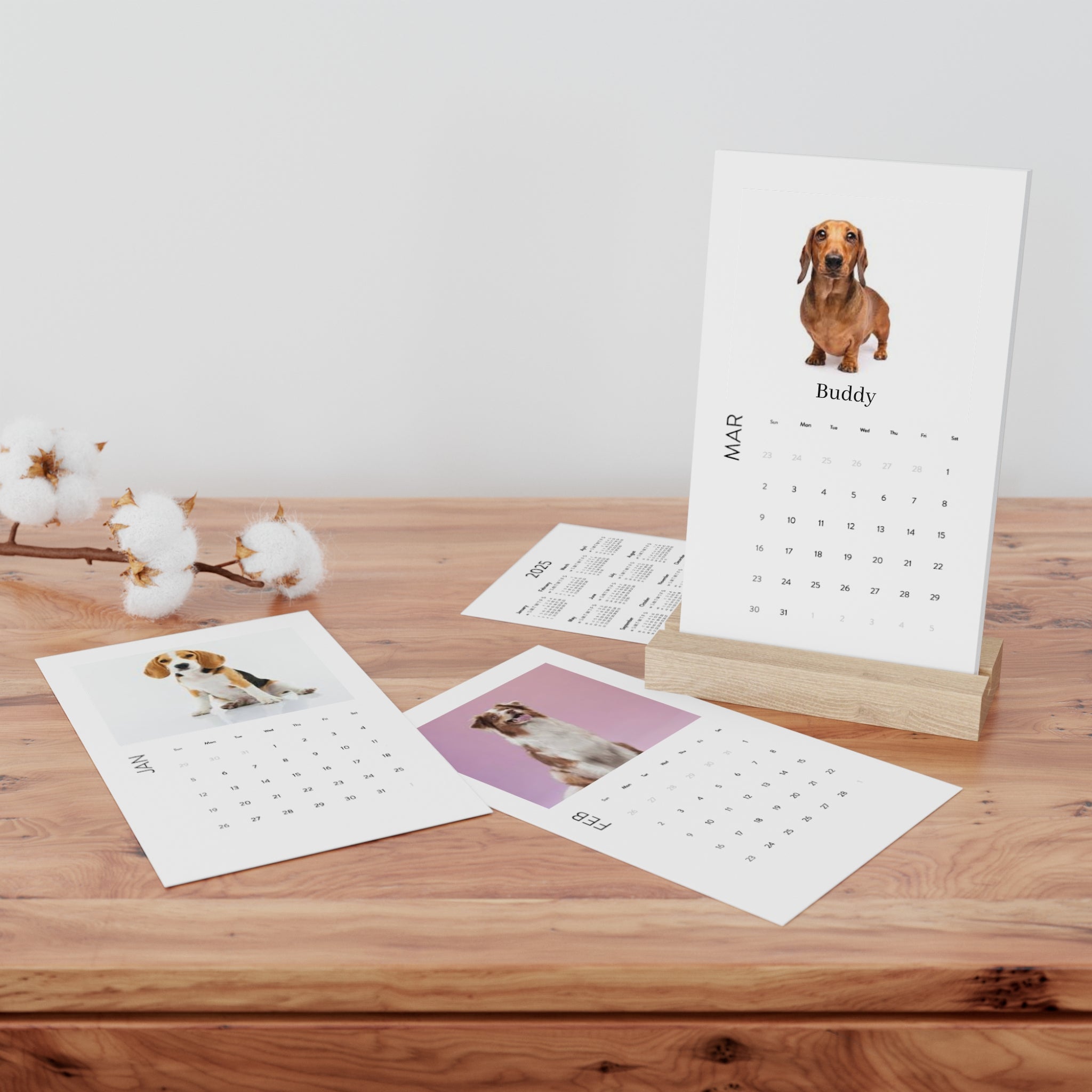 Vertical Desk Calendar - Minimal Photo Calendar with Wooden Stand (Monthly)